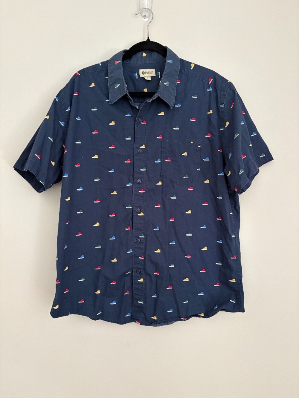 Haggar Mens Navy Blue All Over Sneaker Print Short Sleeve Button Up Geek Chic XL